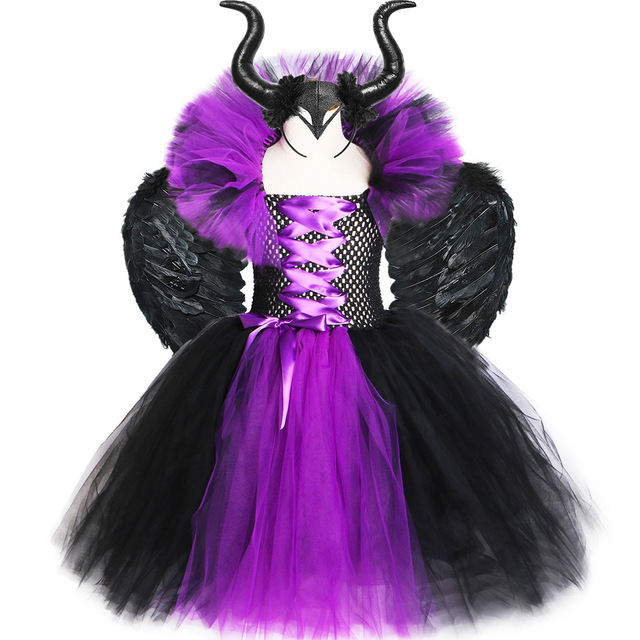 Kostium czarownicy + kapelusz + skrzydła dla nastolatek na Halloween - czarna, z odkrytymi plecami, w stylu bal przebierańców, z tiulową sukienką, dla dziewczynek w wieku 2-12 lat - Wianko - 3