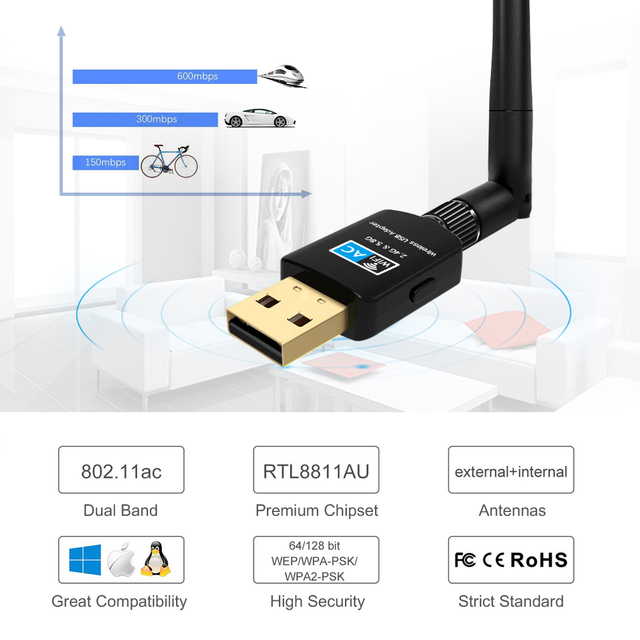 Karta sieciowa USB Wifi AC 600 mb/s z podwójnym pasmem 2.4GHz i 5.8GHz oraz anteną WiFi Ethernet PC odbiornik - Wianko - 4