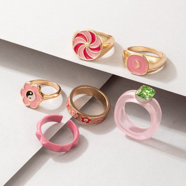 Nowy zestaw pierścieni w kolorze różowym - 6 sztuk, metal akrylowy, ze złotym kolorem, ozdobione kwiatami - biżuteria dla kobiet, idealna na prezent - Wianko - 5
