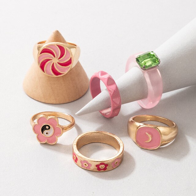 Nowy zestaw pierścieni w kolorze różowym - 6 sztuk, metal akrylowy, ze złotym kolorem, ozdobione kwiatami - biżuteria dla kobiet, idealna na prezent - Wianko - 6