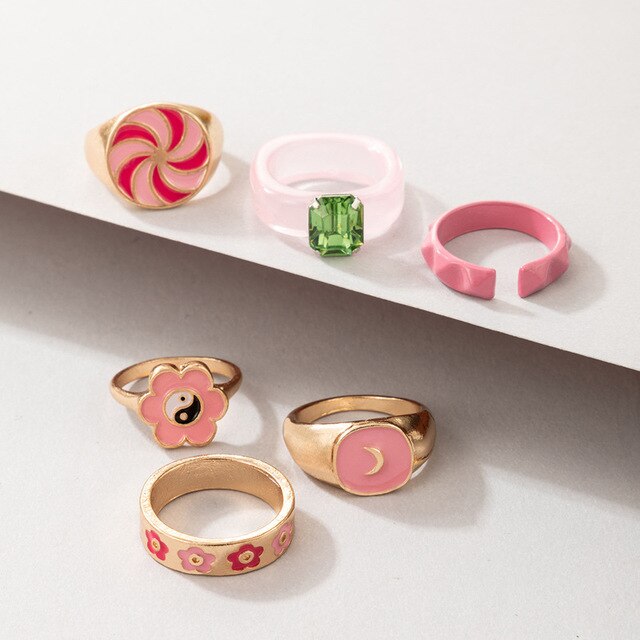 Nowy zestaw pierścieni w kolorze różowym - 6 sztuk, metal akrylowy, ze złotym kolorem, ozdobione kwiatami - biżuteria dla kobiet, idealna na prezent - Wianko - 4