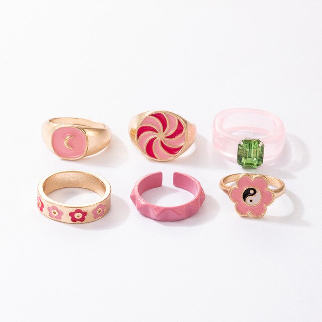Nowy zestaw pierścieni w kolorze różowym - 6 sztuk, metal akrylowy, ze złotym kolorem, ozdobione kwiatami - biżuteria dla kobiet, idealna na prezent - Wianko - 7