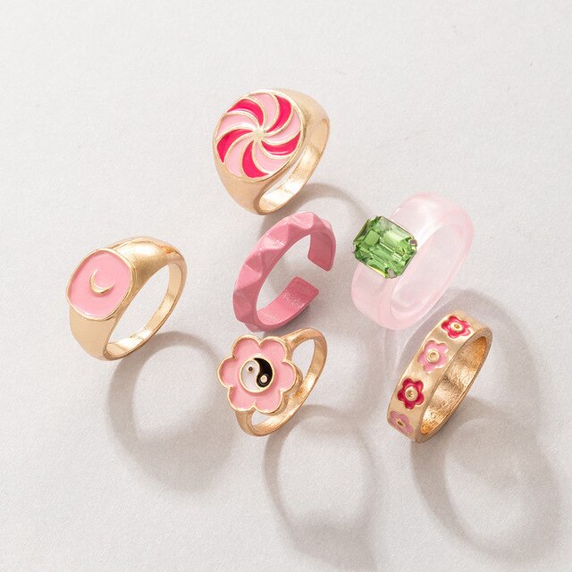 Nowy zestaw pierścieni w kolorze różowym - 6 sztuk, metal akrylowy, ze złotym kolorem, ozdobione kwiatami - biżuteria dla kobiet, idealna na prezent - Wianko - 8