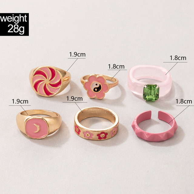 Nowy zestaw pierścieni w kolorze różowym - 6 sztuk, metal akrylowy, ze złotym kolorem, ozdobione kwiatami - biżuteria dla kobiet, idealna na prezent - Wianko - 1