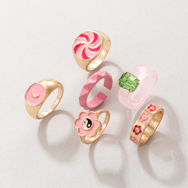 Nowy zestaw pierścieni w kolorze różowym - 6 sztuk, metal akrylowy, ze złotym kolorem, ozdobione kwiatami - biżuteria dla kobiet, idealna na prezent - Wianko - 2