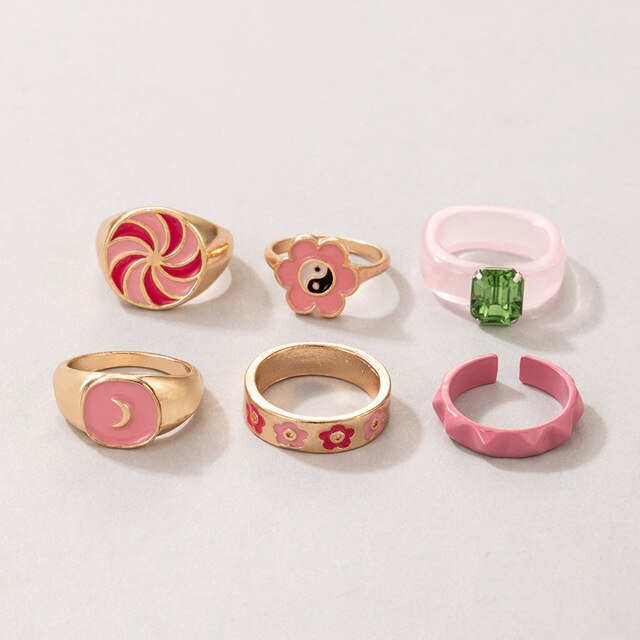 Nowy zestaw pierścieni w kolorze różowym - 6 sztuk, metal akrylowy, ze złotym kolorem, ozdobione kwiatami - biżuteria dla kobiet, idealna na prezent - Wianko - 3