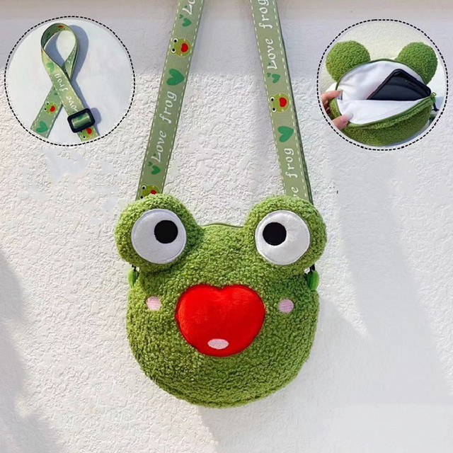 Pluszowa torba na ramię zielona żaba z motywem dziewczyny z zabawnymi lalkami na telefon i portfelem - damska torebka moneta - Wianko - 2