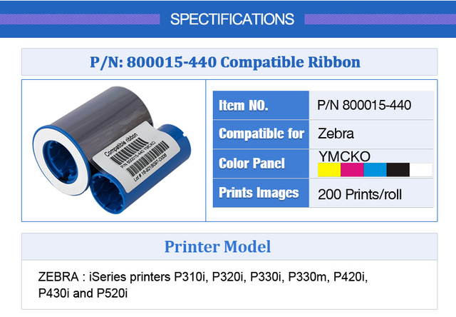 Zestaw 2 sztuk kolorowych wstążek YMCKO do drukarek kart Generic 800015-440 o pojemności 200 obrazów Zebra P310i P320i P330i P420i P430i P520i - Wianko - 1