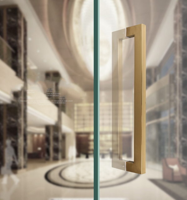 Szkło drzwiowe kwadratowe na wymiar z różowym światłem, uchwytem w kolorze złotym, wykonane ręcznie z drewna i ze stalowym uchwytem o długości 400 mm - Wianko - 1