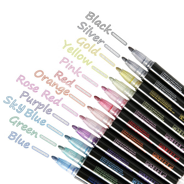 Nowy 12 sztuk Double Line Pen metaliczny kolor magiczny Marker brokat do rysowania - artykuły artystyczne szkolne - Wianko - 5