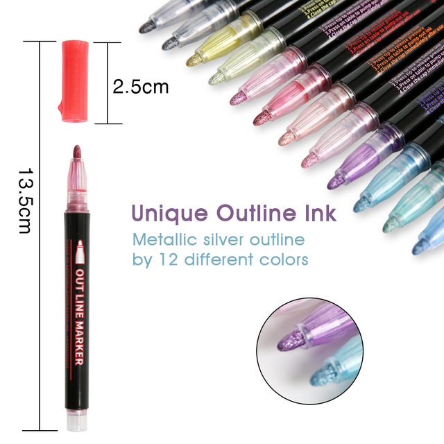 Nowy 12 sztuk Double Line Pen metaliczny kolor magiczny Marker brokat do rysowania - artykuły artystyczne szkolne - Wianko - 7