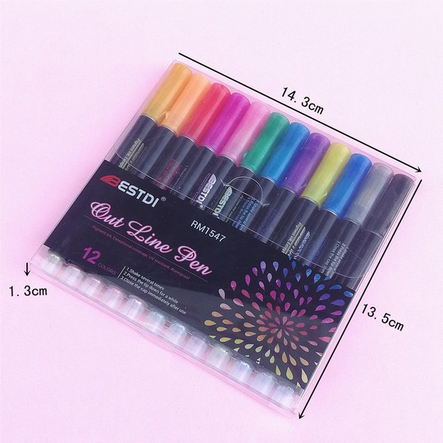 Nowy 12 sztuk Double Line Pen metaliczny kolor magiczny Marker brokat do rysowania - artykuły artystyczne szkolne - Wianko - 2