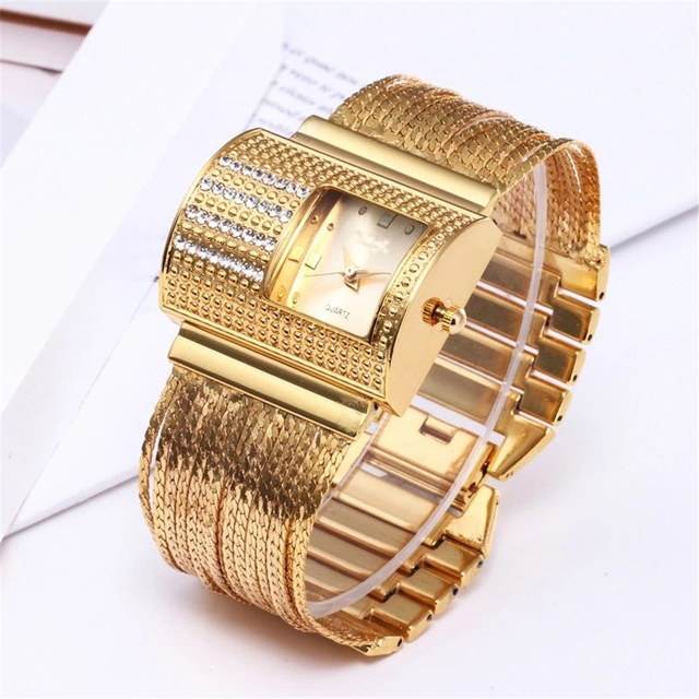 Elegancki kwadratowy zegarek damski ze złotym luksusowym wzorem diamentów, wykonany ze stali nierdzewnej - Wianko - 3