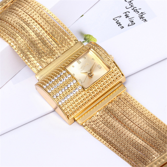 Elegancki kwadratowy zegarek damski ze złotym luksusowym wzorem diamentów, wykonany ze stali nierdzewnej - Wianko - 4