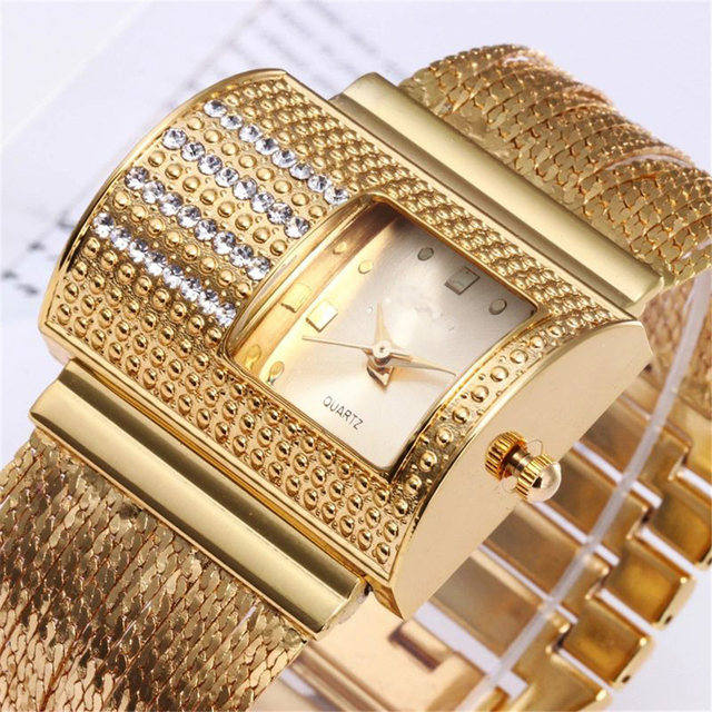 Elegancki kwadratowy zegarek damski ze złotym luksusowym wzorem diamentów, wykonany ze stali nierdzewnej - Wianko - 2
