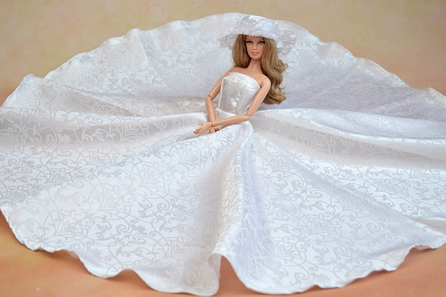 Biała elegancka sukienka ślubna bez ramiączek Barbie z koronkowym kapeluszem dla lalki 1/6 - Wianko - 1