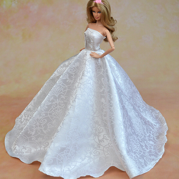 Biała elegancka sukienka ślubna bez ramiączek Barbie z koronkowym kapeluszem dla lalki 1/6 - Wianko - 3