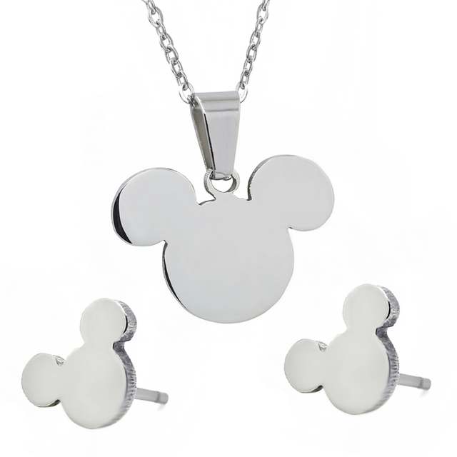 Nierdzewna biżuteria ze stali - zestaw kolczyków i naszyjnik z motywem Mickey, idealny prezent na Walentynki - Wianko - 1