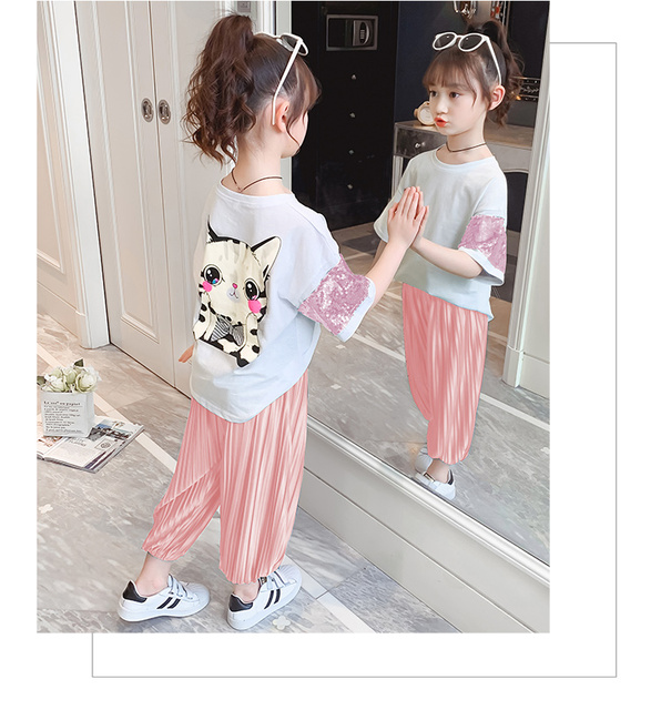 Moda cekiny - Nowe letnie zestawy ubrań dla dziewczynek 3-12T: bluzki z krótkim rękawem + długie spodnie - Wianko - 9