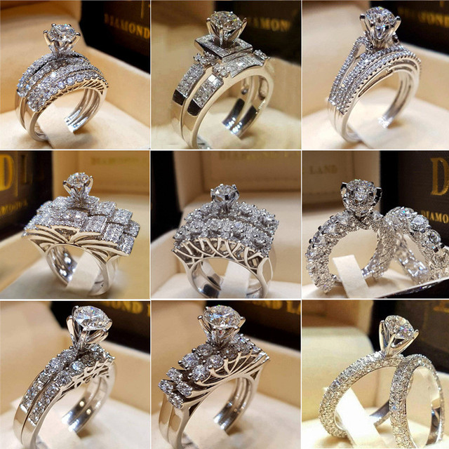 CC Zestaw pierścieni dla kobiet - para podwójnych sześciennych pierścionków z cyrkonią - biżuteria ślubna/zaręczynowa - Wianko - 2