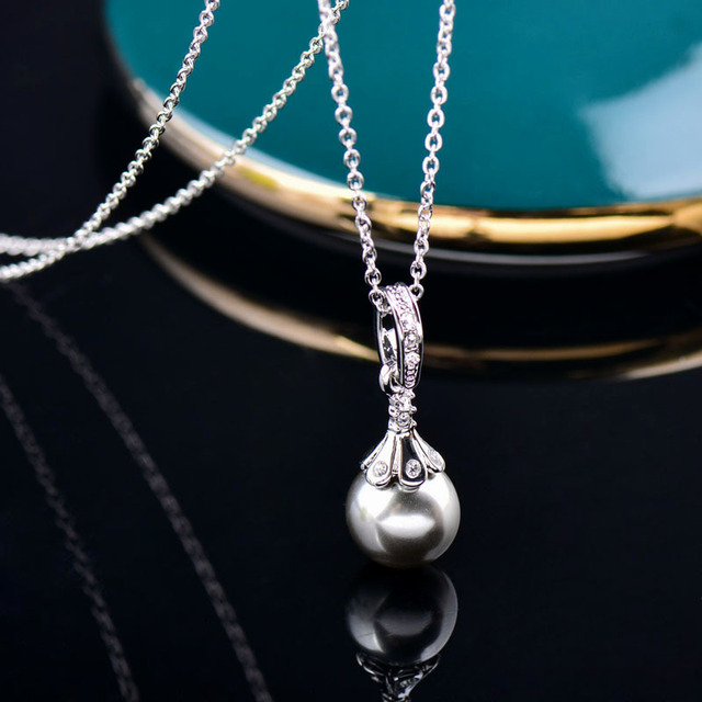 Srebrny naszyjnik z wisiorkiem w stylu vintage z imitacją białej perły dla kobiet - Wianko - 2