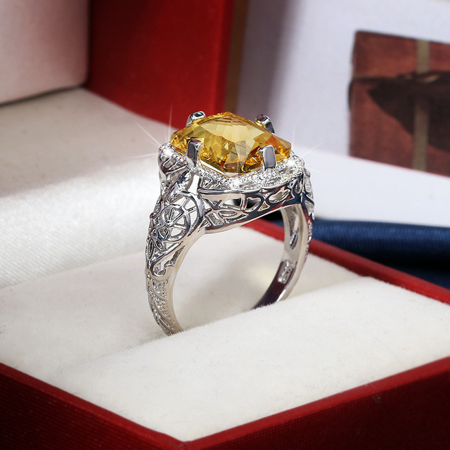 Luksusowy pierścień damski z białego srebra 925 z wydrążonymi wizerunkami kwiatów i topazem, biżuteria ślubna, prezent, nowoczesny design - Wianko - 4
