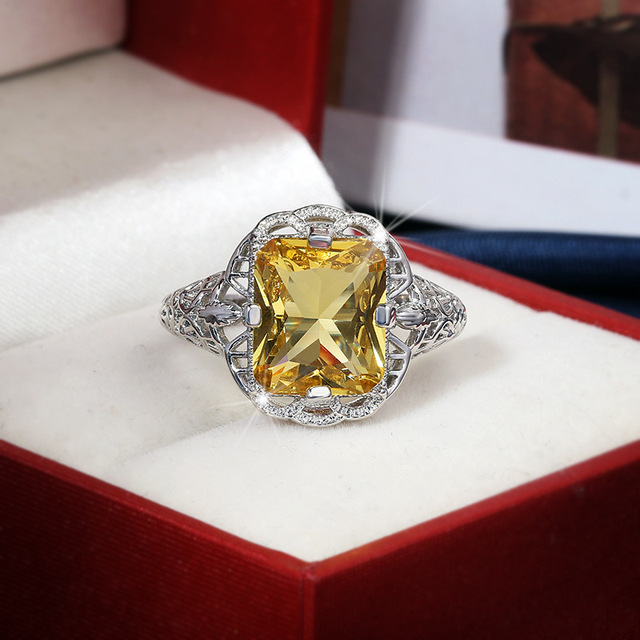 Luksusowy pierścień damski z białego srebra 925 z wydrążonymi wizerunkami kwiatów i topazem, biżuteria ślubna, prezent, nowoczesny design - Wianko - 3
