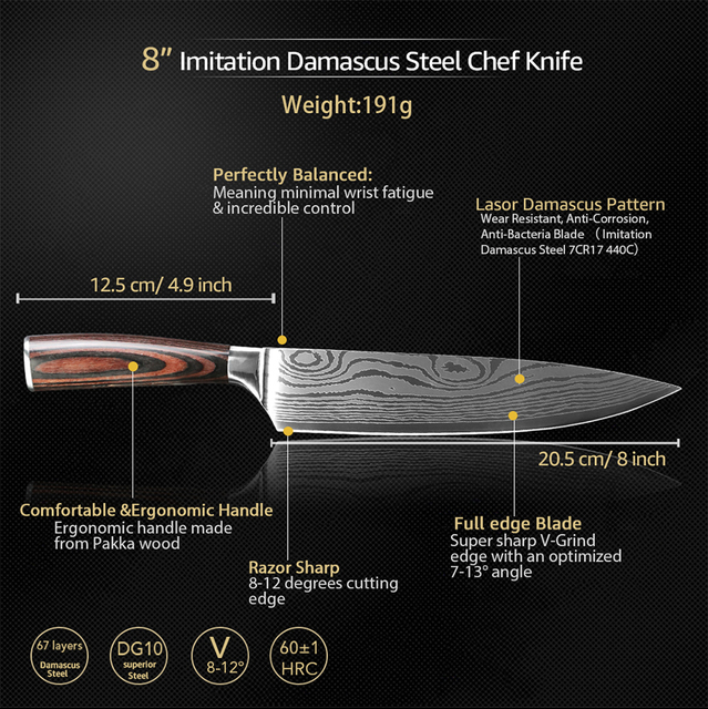 Nóż kuchenny szefa kuchni 7CR17 440C wysokiej węgla ze stali nierdzewnej damaszek rysunek Gyuto Cleaver zestaw nóż Santoku - Wianko - 3