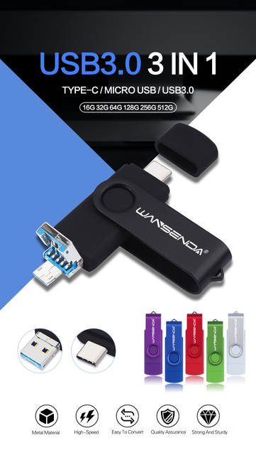 Pendrive USB typu C/Micro USB 3 w 1 WANSENDA 512G/256G/128G/64G/32G USB3.0 - Wianko - 1