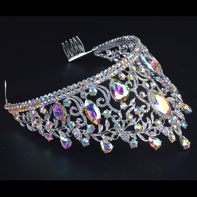 Luksusowe Vintage AB kolor ślub korona Alloy diadem dla panny młodej barokowa korona dla króla królowej marquise Rhinestone półokrągłe grzebień Tiara - Wianko - 3