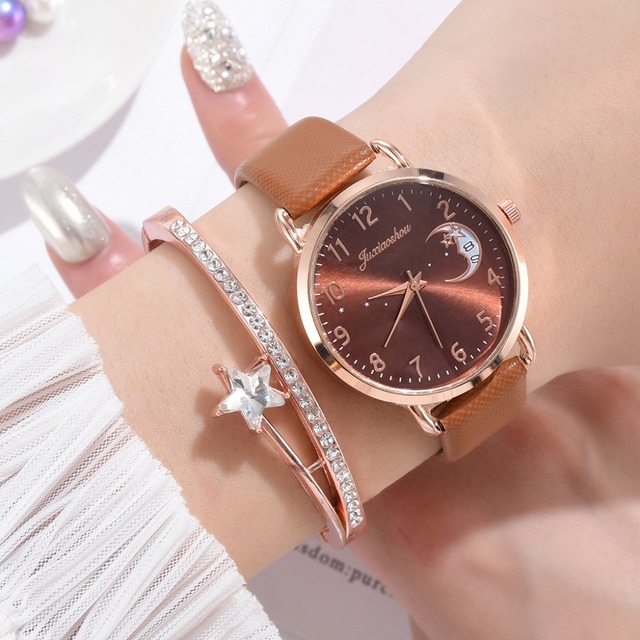 Luksusowy zegarek damski z wydrukiem księżyca, prosty design, skórzany pasek - Wianko - 15