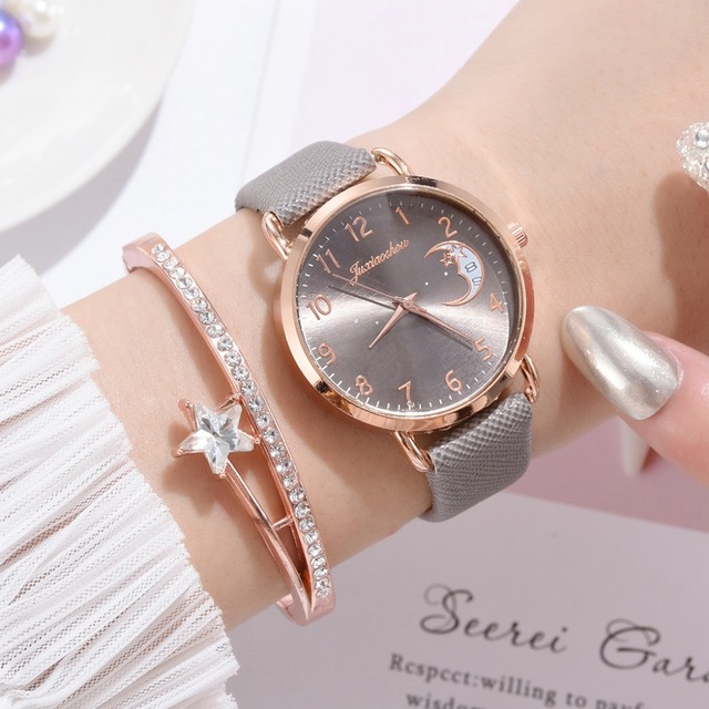 Luksusowy zegarek damski z wydrukiem księżyca, prosty design, skórzany pasek - Wianko - 17