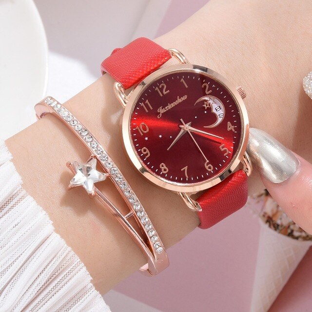 Luksusowy zegarek damski z wydrukiem księżyca, prosty design, skórzany pasek - Wianko - 10