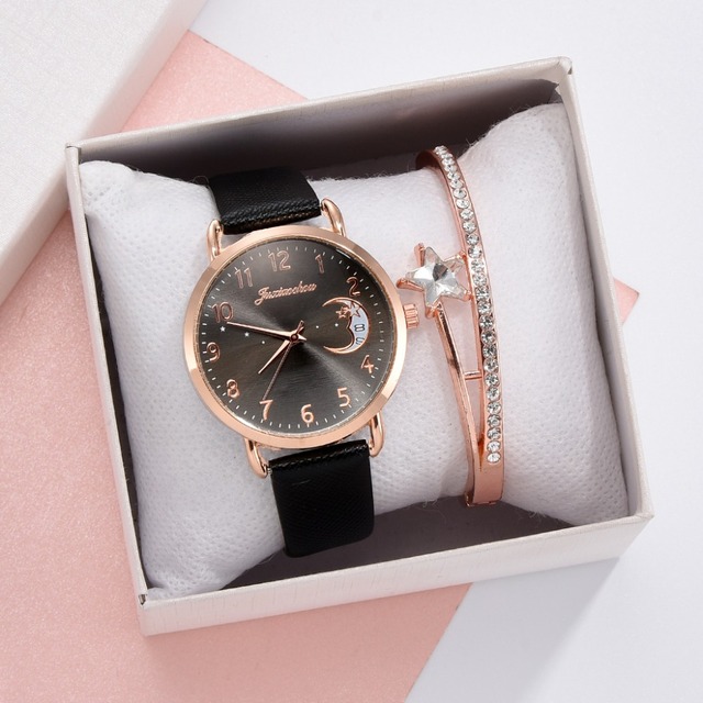 Luksusowy zegarek damski z wydrukiem księżyca, prosty design, skórzany pasek - Wianko - 5