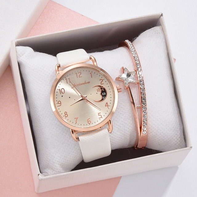 Luksusowy zegarek damski z wydrukiem księżyca, prosty design, skórzany pasek - Wianko - 9