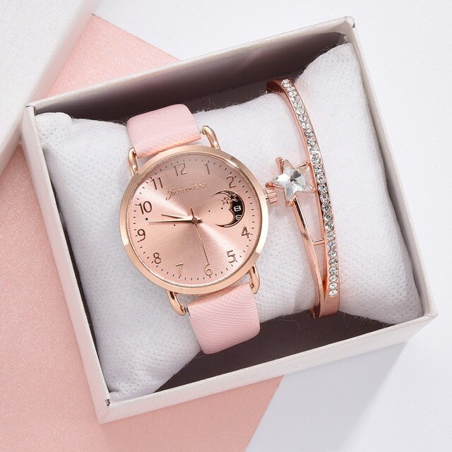 Luksusowy zegarek damski z wydrukiem księżyca, prosty design, skórzany pasek - Wianko - 3