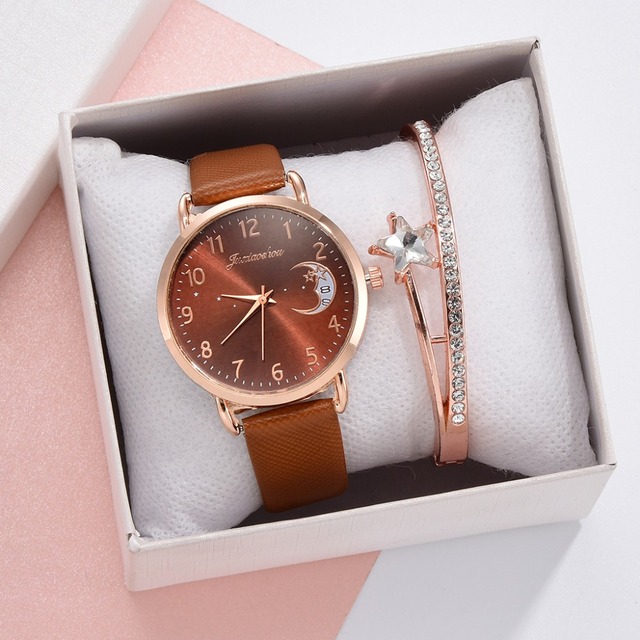 Luksusowy zegarek damski z wydrukiem księżyca, prosty design, skórzany pasek - Wianko - 8