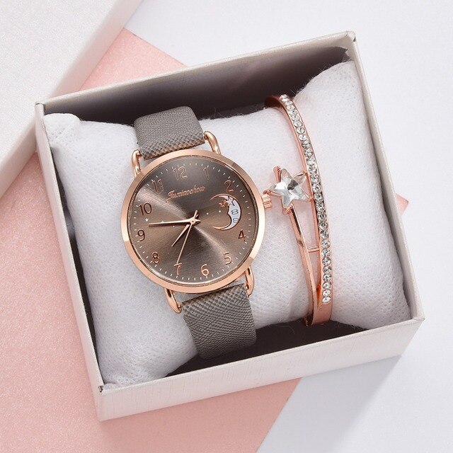 Luksusowy zegarek damski z wydrukiem księżyca, prosty design, skórzany pasek - Wianko - 4