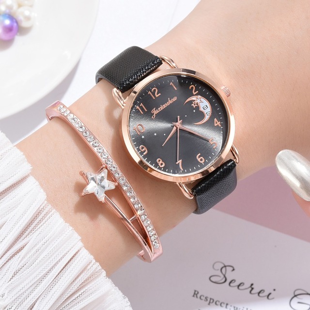 Luksusowy zegarek damski z wydrukiem księżyca, prosty design, skórzany pasek - Wianko - 16