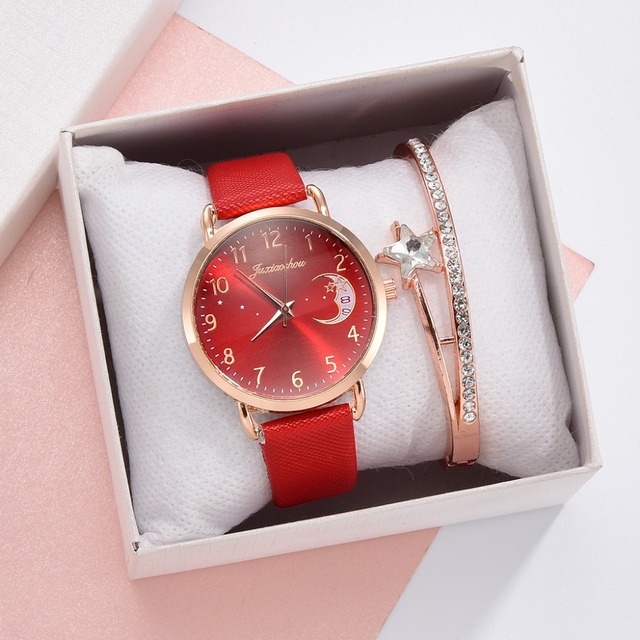 Luksusowy zegarek damski z wydrukiem księżyca, prosty design, skórzany pasek - Wianko - 6