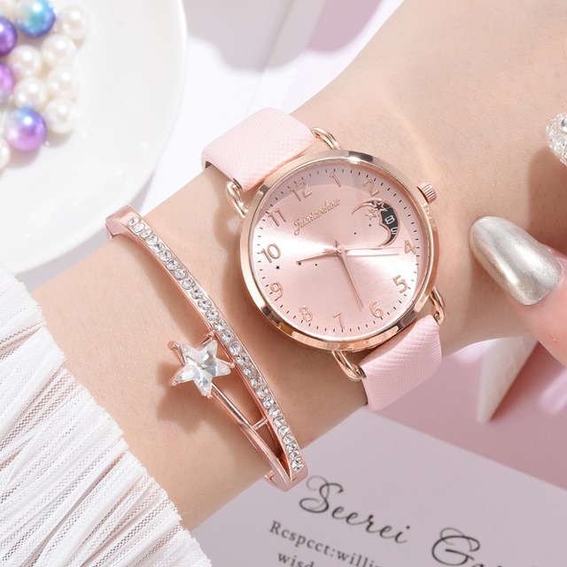 Luksusowy zegarek damski z wydrukiem księżyca, prosty design, skórzany pasek - Wianko - 14