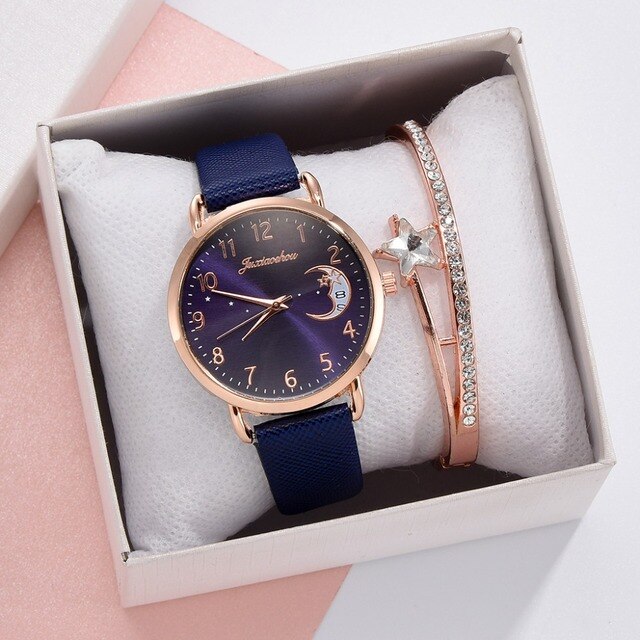 Luksusowy zegarek damski z wydrukiem księżyca, prosty design, skórzany pasek - Wianko - 7