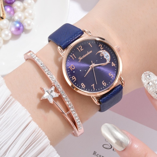 Luksusowy zegarek damski z wydrukiem księżyca, prosty design, skórzany pasek - Wianko - 13