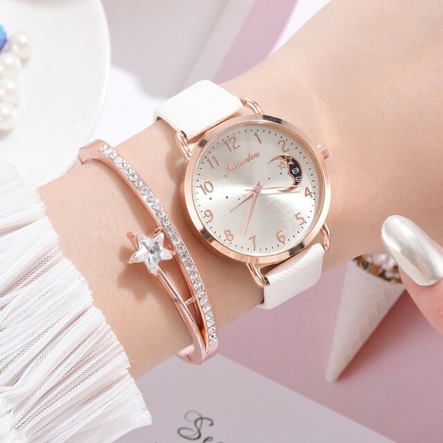 Luksusowy zegarek damski z wydrukiem księżyca, prosty design, skórzany pasek - Wianko - 12