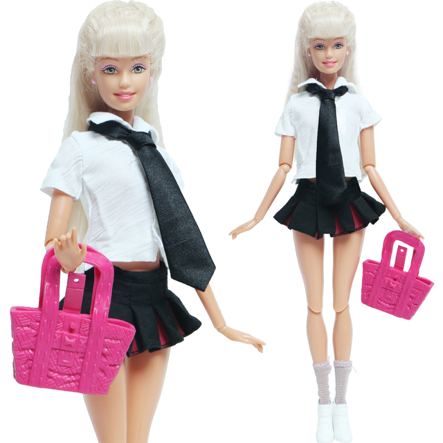 Zestaw 6 elementów dla lalki Barbie: koszula, mini spódnica, krawat, hangbag, sportowe buty, pończochy - Wianko - 1