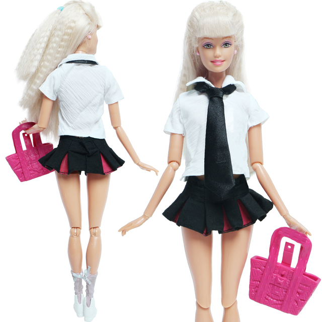 Zestaw 6 elementów dla lalki Barbie: koszula, mini spódnica, krawat, hangbag, sportowe buty, pończochy - Wianko - 2