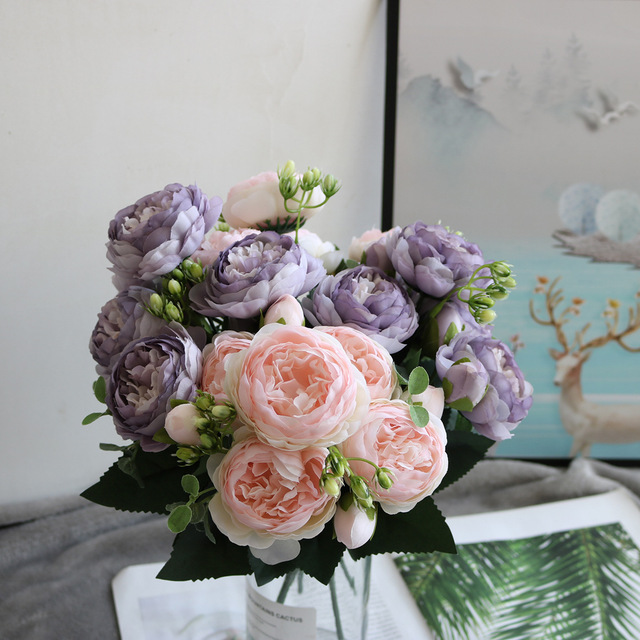 5 głów sztuczne jedwabne kwiaty piwonii i biała róża - dekoracje weselne - Wianko - 4