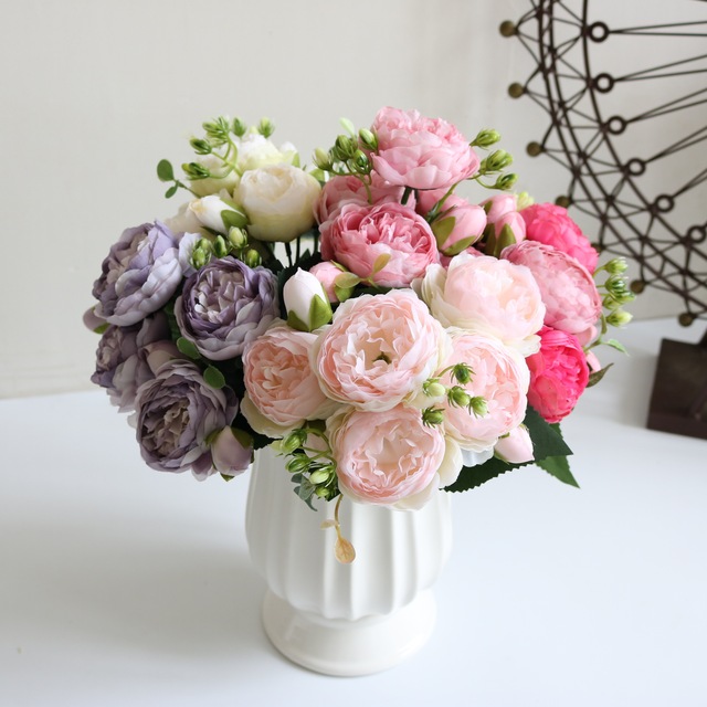 5 głów sztuczne jedwabne kwiaty piwonii i biała róża - dekoracje weselne - Wianko - 15