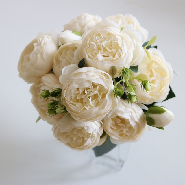 5 głów sztuczne jedwabne kwiaty piwonii i biała róża - dekoracje weselne - Wianko - 16