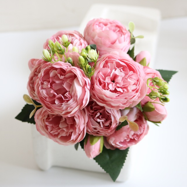 5 głów sztuczne jedwabne kwiaty piwonii i biała róża - dekoracje weselne - Wianko - 17